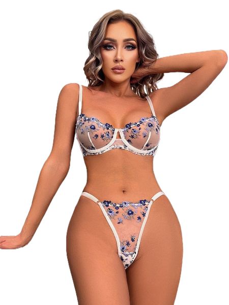

floral embroidered underwire mesh lingerie set h037#, Black;red