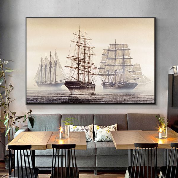 Pintura a óleo da paisagem de barcos abstratos naturais na tela Cuadros Mediterran Posters and Prints Wall Art Picture para sala de estar