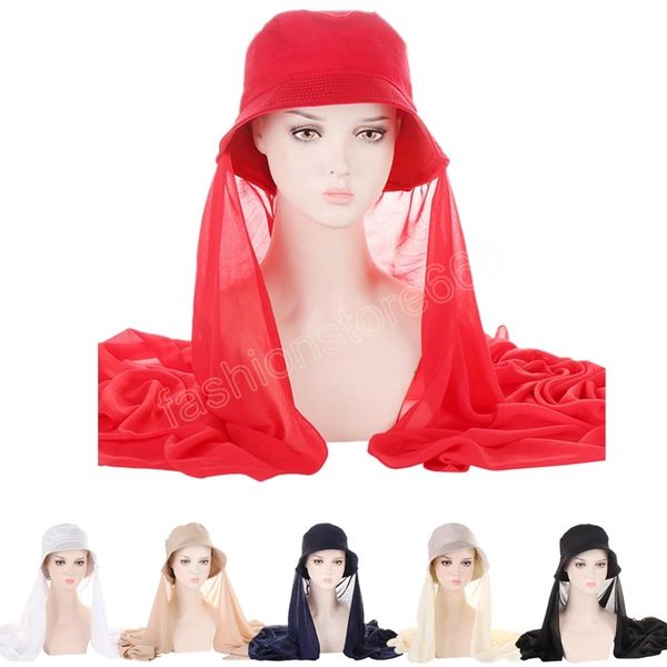 Musilm Hijab in chiffon da donna alla moda con cappello a secchiello Cappelli da sole estivi solidi con sciarpa Hijab istantaneo Abbigliamento islamico