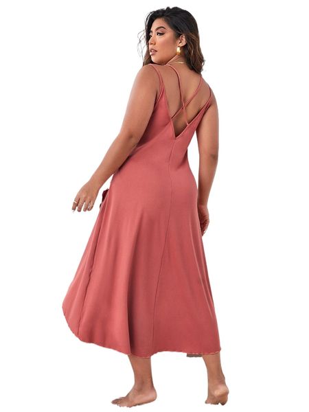 

plus crisscross back lettuce trim wrap cami night dress 61zy#, Black;white