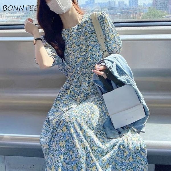 

short sleeve dress women casual flower o neck lady mid calf elegant korean style girlish sundress a line summer trendy 220521, Black;gray