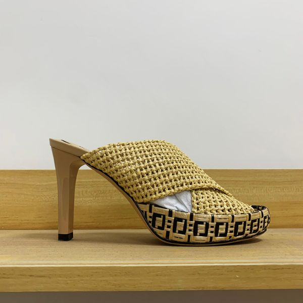 

fashion-slippers beige ff braided raffia woven women slide heel sandals heels shoes mules sandal luxury designers slides high, Black