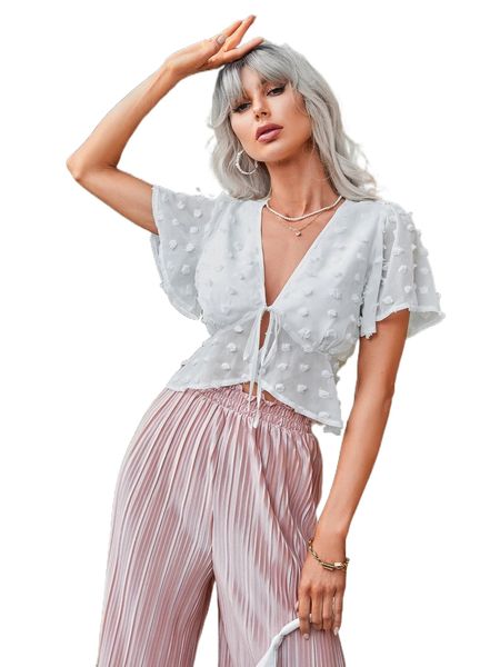 

tie front ruffle hem chiffon blouse e7cy#, White