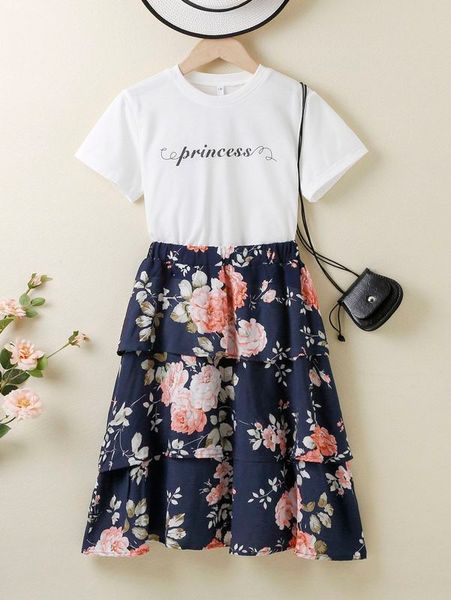 

girls letter graphic tee & floral print layered hem skirt she, White
