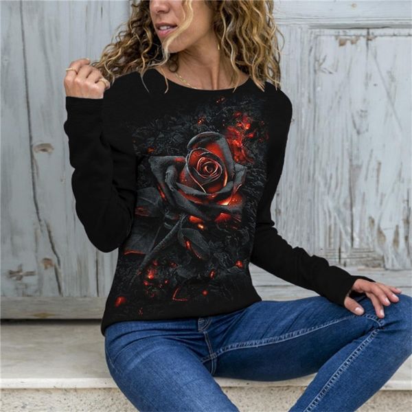 

vintage rose floral printing t-shirt women's clothing summer autumn oversized long sleeve casual tee shirt ladies 220321, White