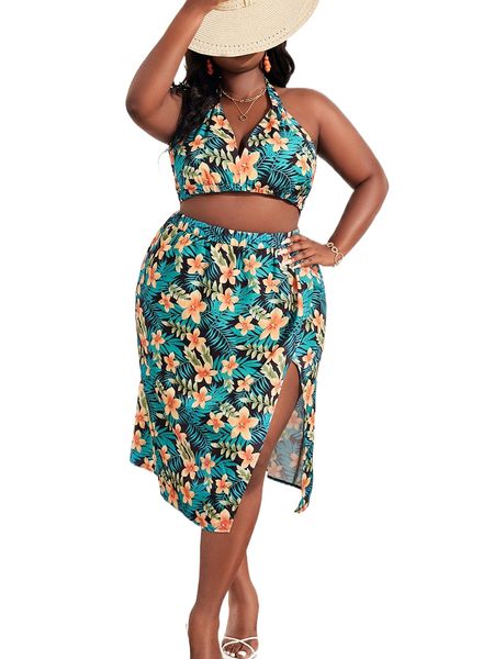 

sxy plus floral print tie backless halter & split thigh skirt c6mo#, Black
