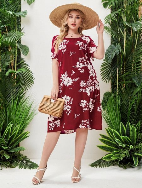 

plus floral print tunic dress x8tm#, Black
