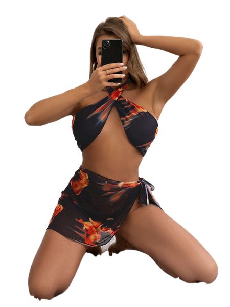 

allover print halter bikini swimsuit with beach skirt t8ho#, White;black
