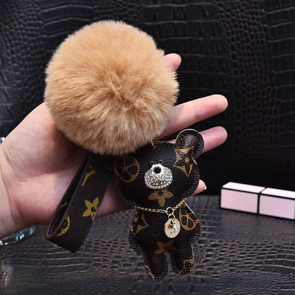 

cat bear pompom key chain accessories fashion rhinestone key ring pu leather teddy car keychain buckle jewelry bag charm animal keyring hold, Slivery;golden