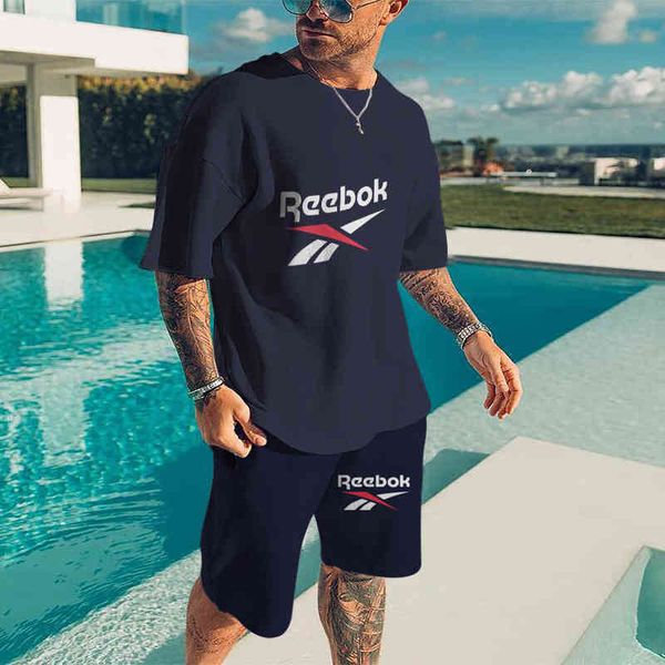 

2022 summer fashion brand casual men's sports tracksuit short sleeve suit solid color t-shirt shorts 2 piece set, Gray