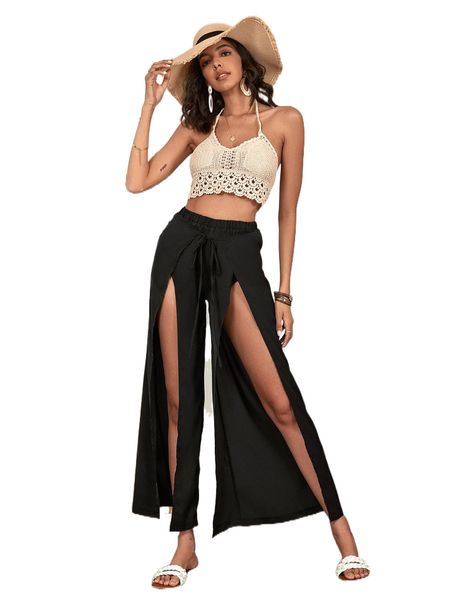 

solid tie front wrap pants j6db#, Black;white