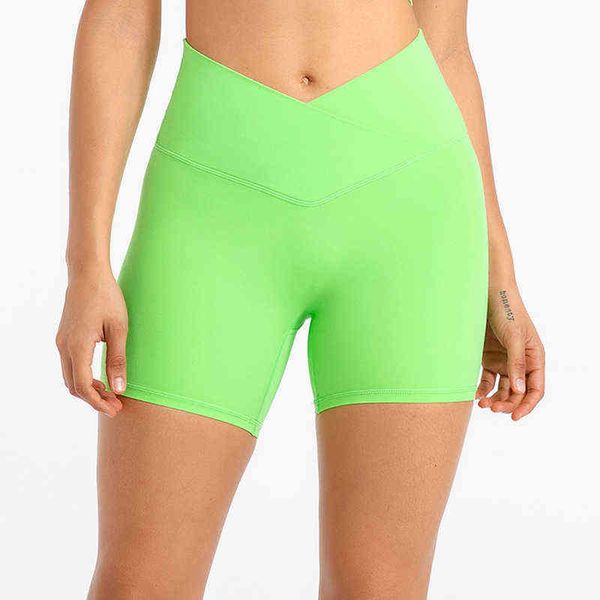 

yoga outfits abs loli 5'' naked feel biker shorts women cross waist workout athletic no front seam fitness running sports 220429, White;red