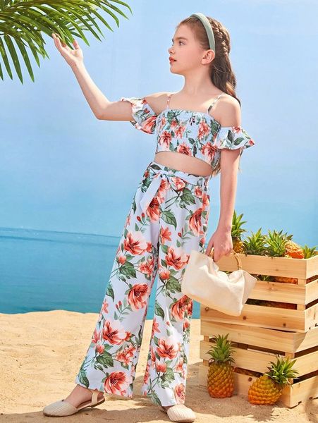 

girls cold shoulder floral print shirred crop & belted pants set she, White