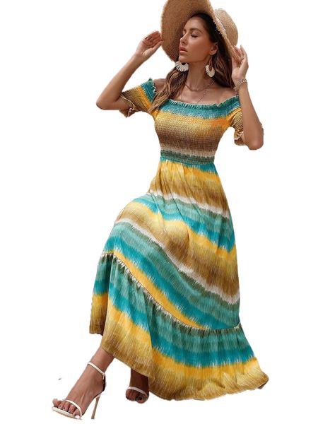 

tie dye off shoulder shirred ruffle hem dress b8kp#, Black;gray