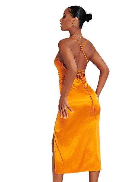 

crisscross tied backless split thigh satin dress h3no#, Black;gray