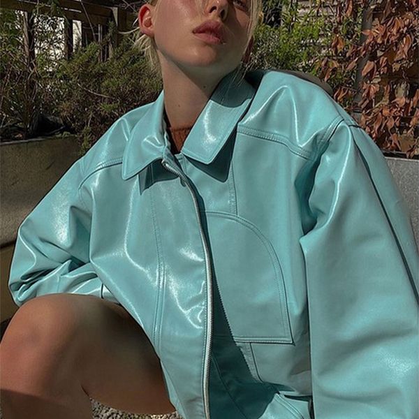 

lautaro european and american vintage motorcycle mint green pu leather jacket women zipper long sleeve casual loose fashion 220813, Black