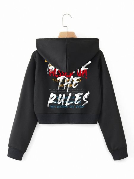 

slogan graphic zip up drawstring hooded sweatshirt r12b#, Black