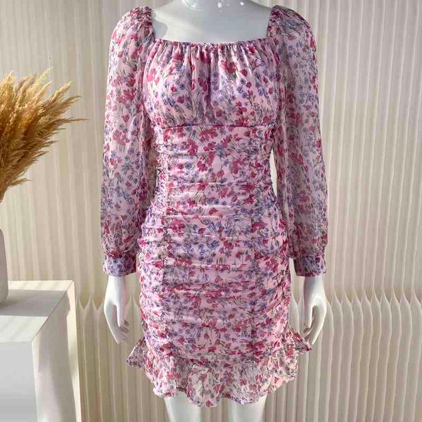 

casual dresses foreign trade original single retro square neck slim fit pleated printed chiffon wrap hip ruffle dress, Black;gray