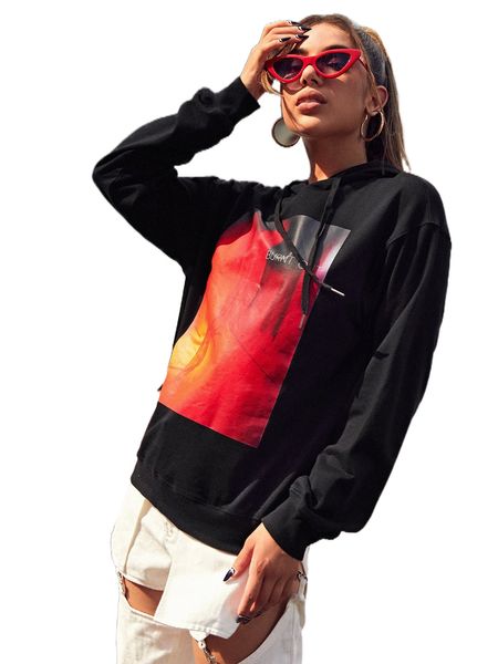 

x apk letter graphic drop shoulder drawstring hoodie q5wq#, Black