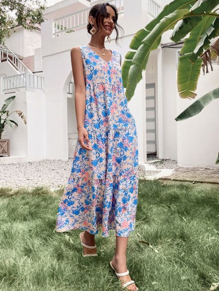 

allover plants print smock dress r37m#, Black;gray