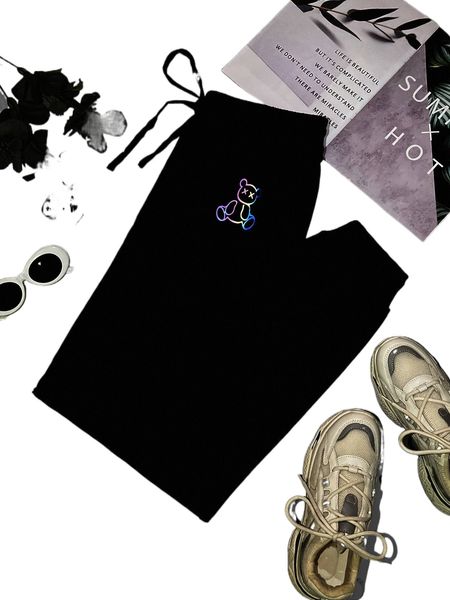

plus reflective bear print drawstring waist sweatpants 26gf#, Black
