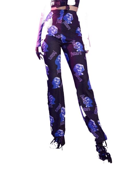 

romwe cyber luvr sculpture print pants e8sh#, Black;white