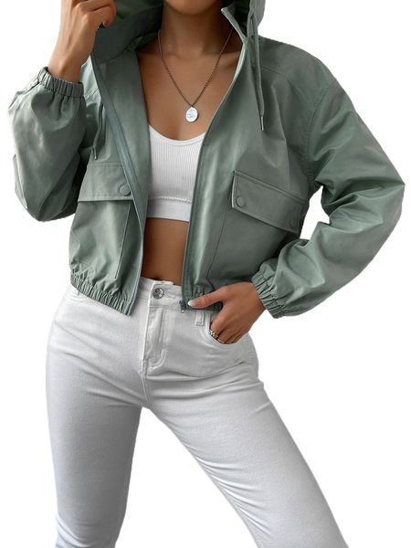 

flap pocket drop shoulder drawstring hooded jacket o19x#, Black;brown