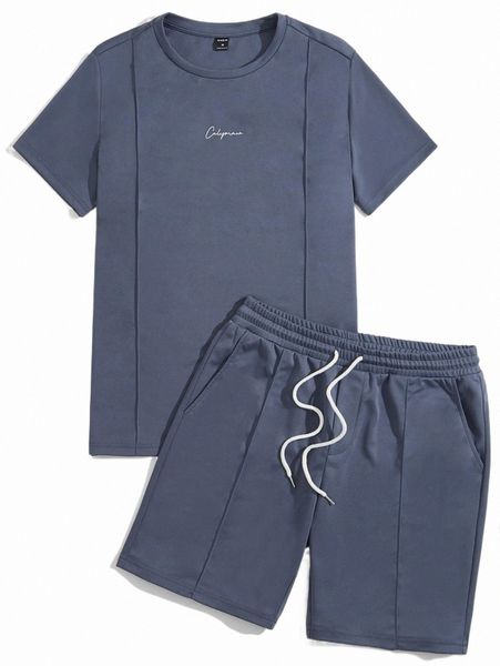 

men letter graphic tee & track shorts set 92mn#, Gray