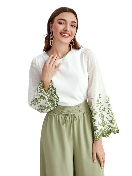 

floral embroidery scallop edge s7zd#, White