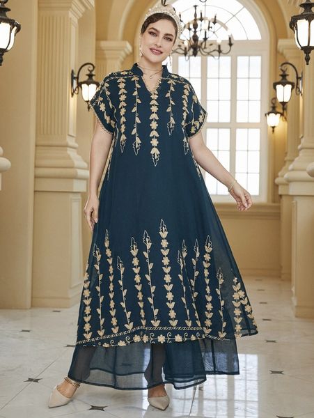 

plus random floral embroidery batwing sleeve notched neck maxi dress e5fb#, Black
