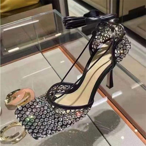 

9cm high heels women sandals crystal sandal shoes woman heel shoe womens ankle strap summer rhinestones pumps 220721, Black