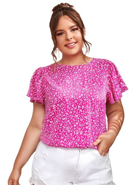 

plus ditsy floral flutter sleeve blouse h8nv#, Black