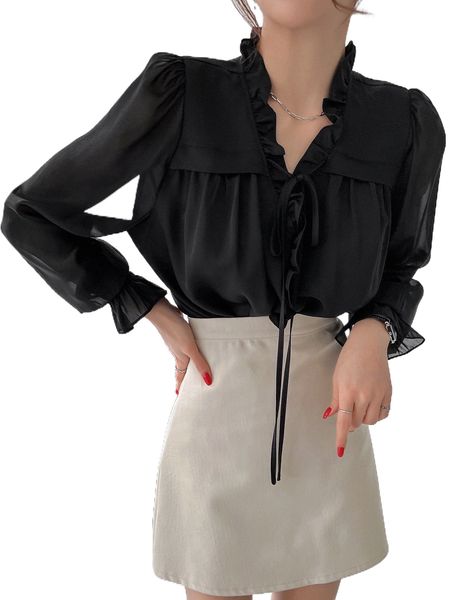 

dazy frill trim tie front flounce sleeve blouse b7jd#, White