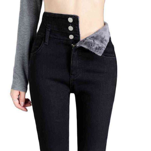 

pantalones vaqueros de cintura alta para mujer jeans gruesos elsticos ajustados forro polar clidos color negro estilo vintage con 221225, Blue