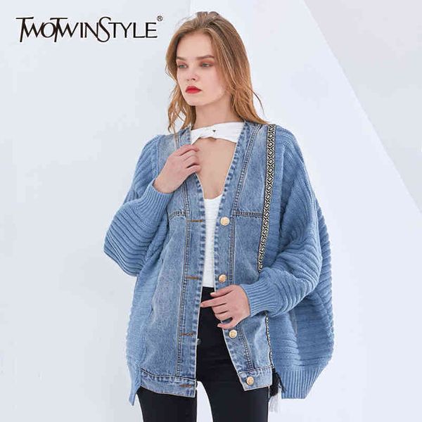 

hit color patchwork knitted jacket for women v neck lantern sleeve casual loose jackets female fashion style 210423, Black;brown