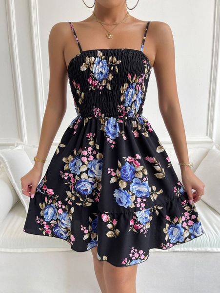 

floral print shirred cami dress l4ef#, Black;gray