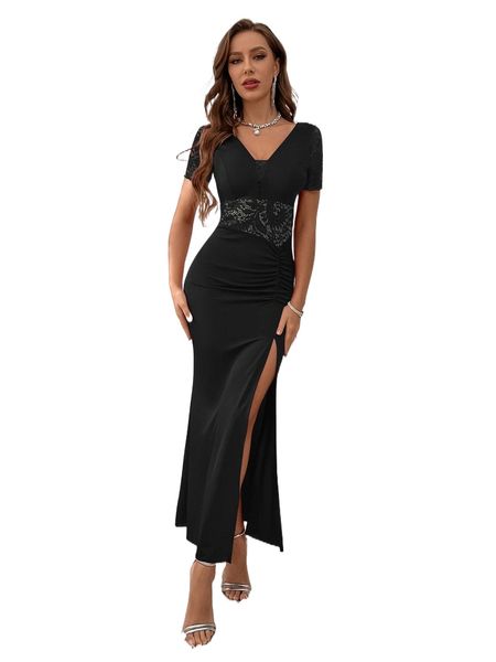 

contrast lace ruched split thigh dress 75te#, Black;gray