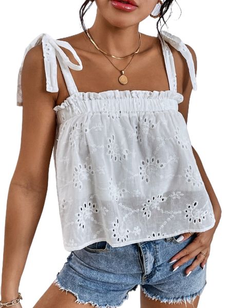 

eyelet embroidery frill knot shoulder cami 66mg#, White