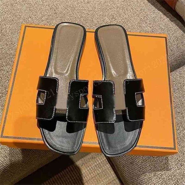 

h slippers herme women sandals high designer quality leather summer beach slide classic flat fashion s shoes lovers, Black