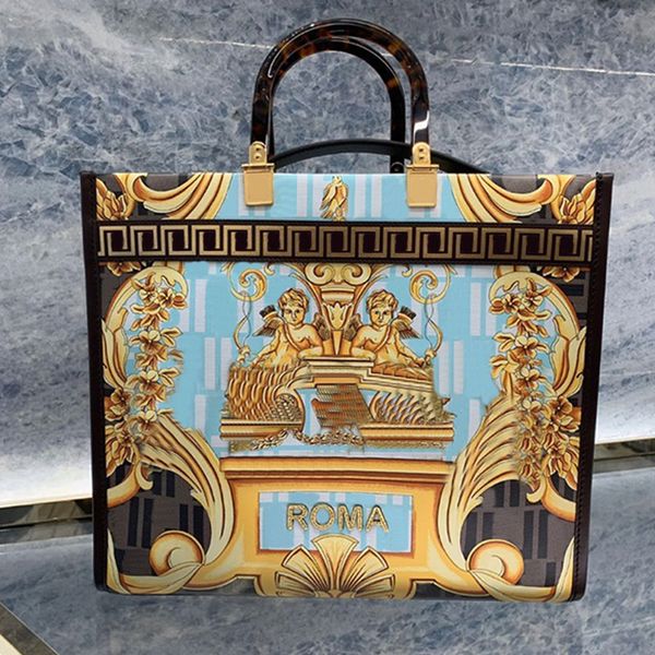 

bag large capacity handbag crossbody bags tote sunshine cowhide leather patchwork hardware buckle baroque print letter removable shoulder st