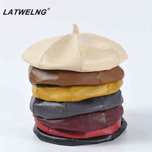 

wholesale pu leather berets for women fashion ladies black caps stewardess red yellow beret autumn winter artist hats j220722, Blue;gray