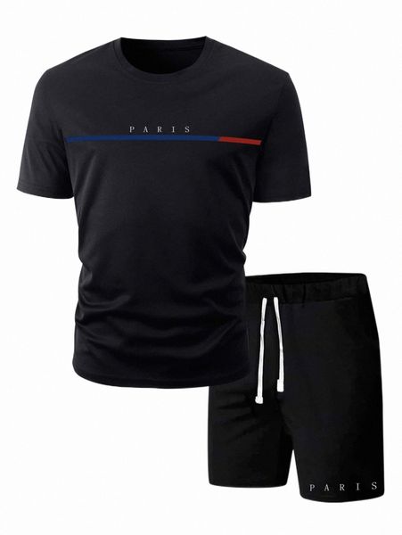 

men letter graphic tee & drawstring waist shorts 70jf#, Gray