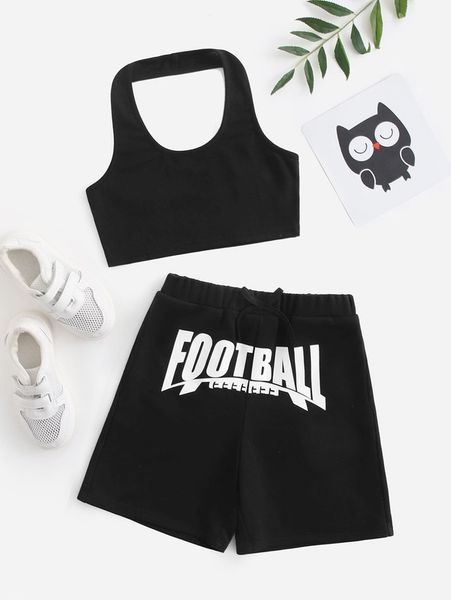 

girls halter crop & letter graphic track shorts set she, White