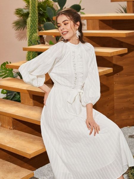 

lantern sleeve eyelet embroidery ruffle trim belted dress 05bn#, Black;gray