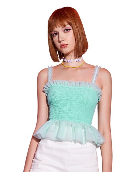 

frill trim shirred ruffle hem wide strap m9c5#, White