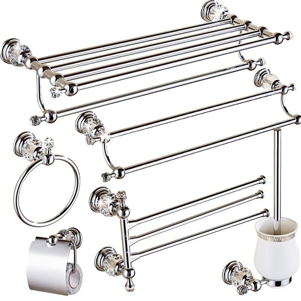 Conjunto de acessórios de banho Conjuntos de hardware de latão sólido de cristal de cristal cromo acessórios de banheiro prateado eletroplate toalha rack de rack higiênico suporte