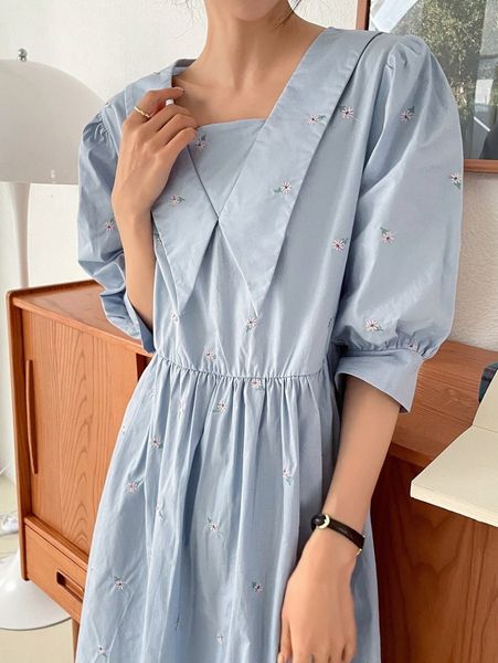 

dazy floral embroidered bishop sleeve dress j90c#, Black;gray