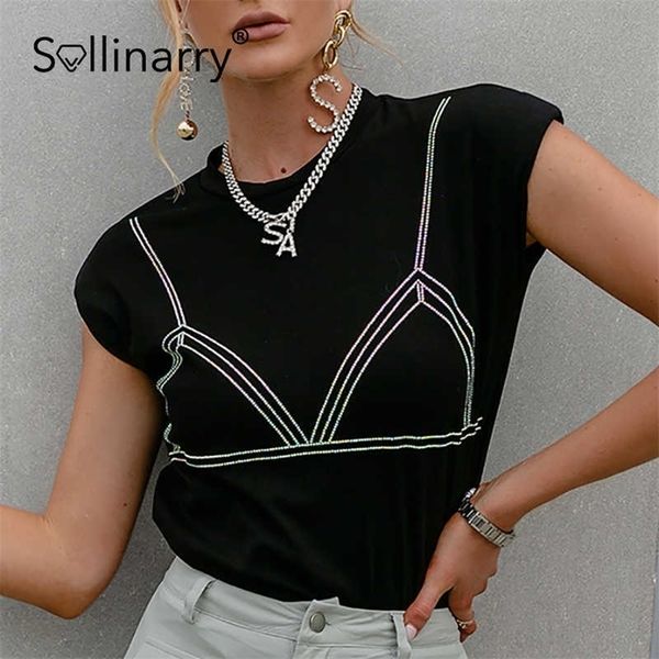 Sollinarry Personalisiertes Nieten-T-Shirt Sommer Schulterpolster ärmellose Damen-T-Shirts Lässiger O-Ausschnitt Ins Lady Outfit Top 210709