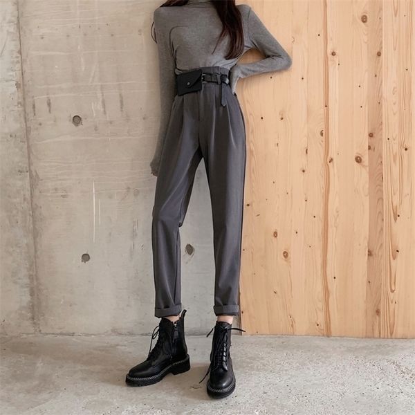 

high waist harem pants elegant ol office straight trouser black grey work wear pants spring autumn vintage trousers y200418, Black;white