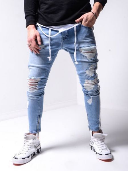 Jeans masculino Swag marca masculina de marca preta skinny rasgada destroyed stretch slim fit hop calças com furos para homens moda casual